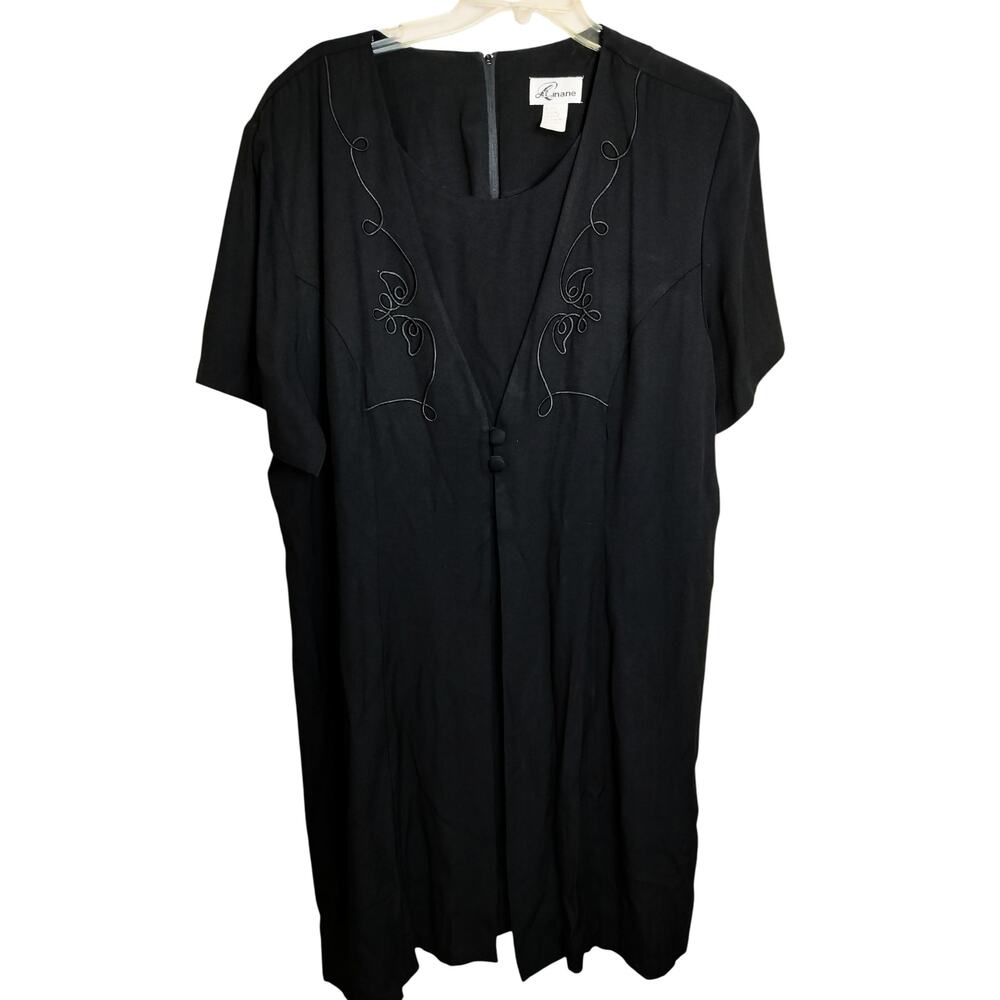4323)Vtg Linane Black Short Sleeve Embroidered Floral Sheath Dress Plus 24W